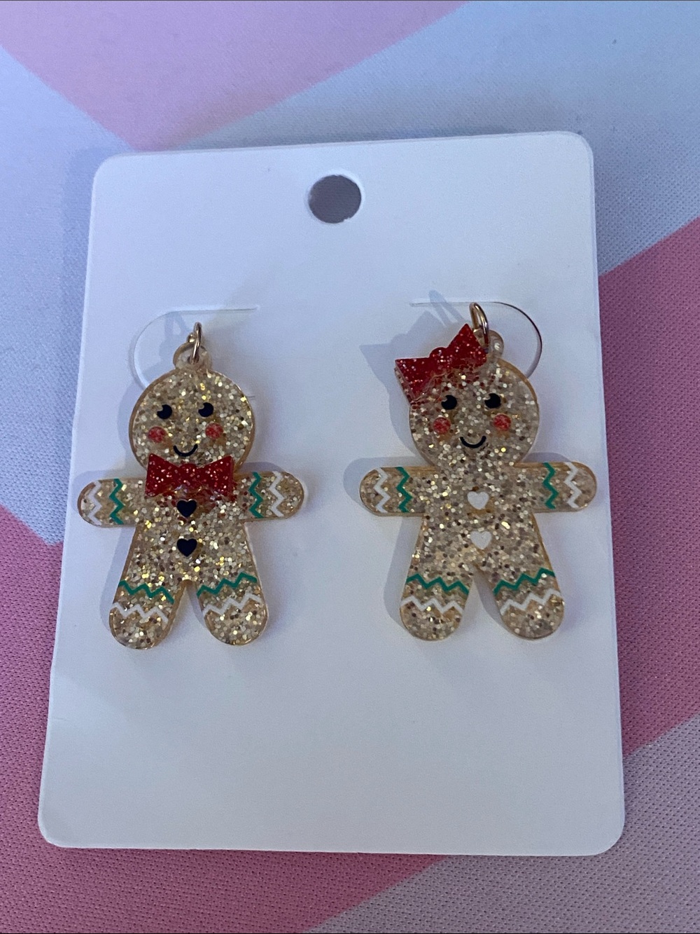 Glitter Gingerbread Man Dangle Earrings - Gold & Red